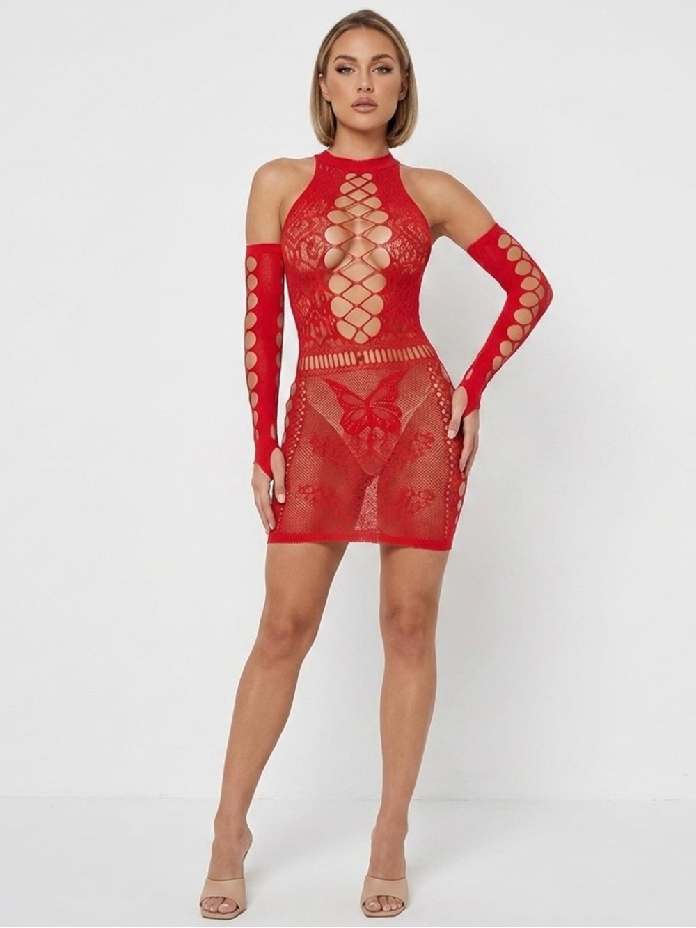 Ruby Lace Vixen: Cutout Bodycon with Butterfly Motif & Matching Sleeves